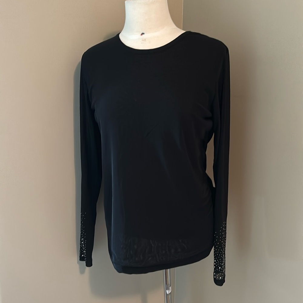 Red Coral Sheer Long Sleeve Top Beaded Detail at Cuffs Black Size XLarge